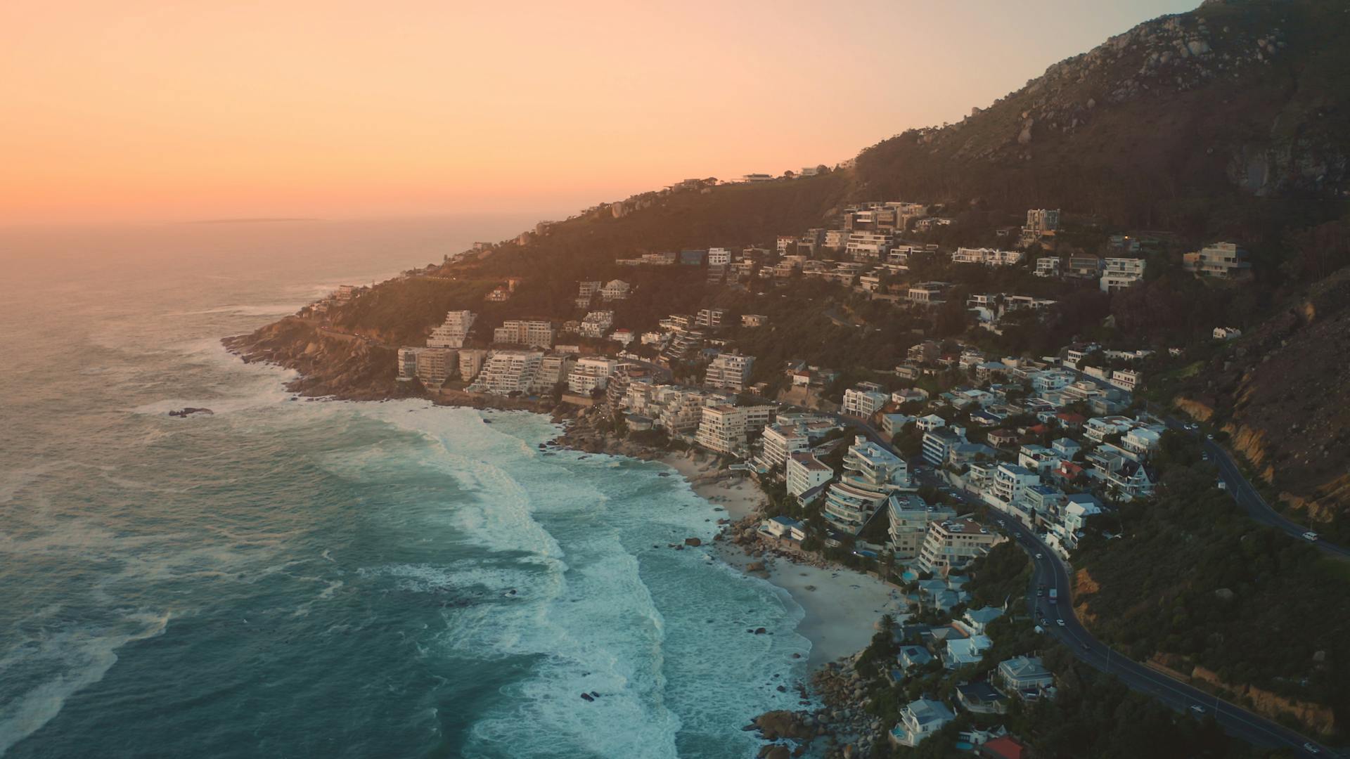 Aerial Shot Of City Near Body Of Water in Cape Town WC South Africa at dusk or sunrise