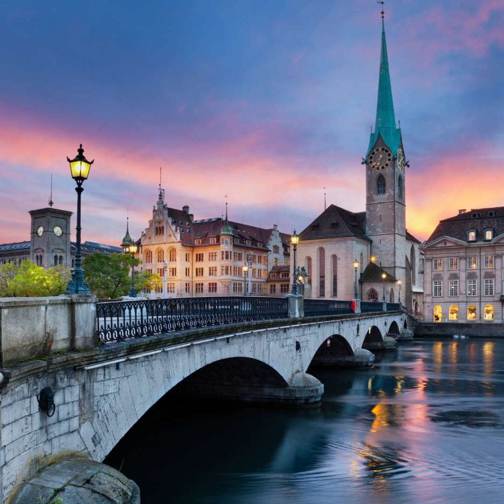 sunset view of a bridge in zurich