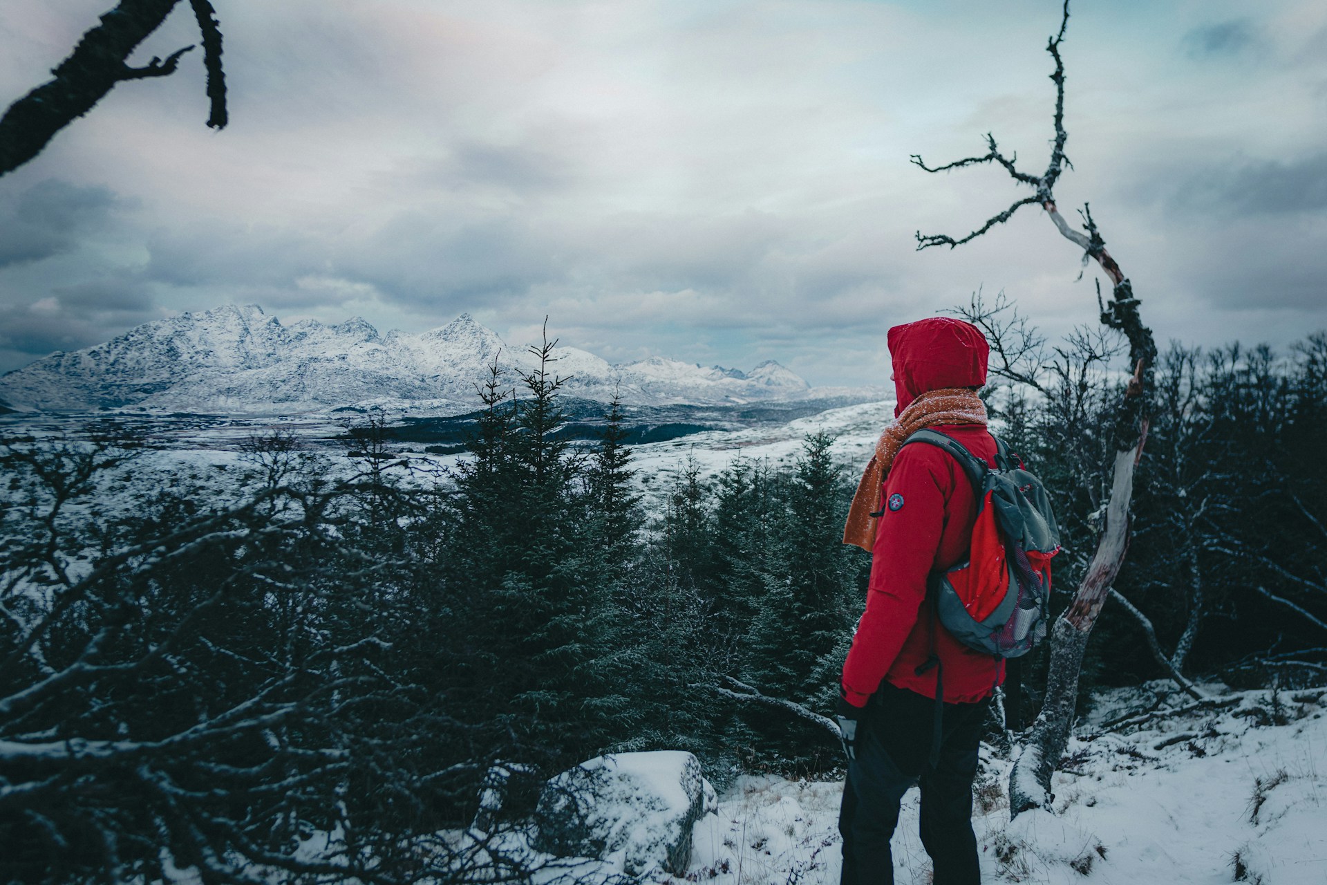 a person bundled in winter gear standing on the top of a snowy mountain