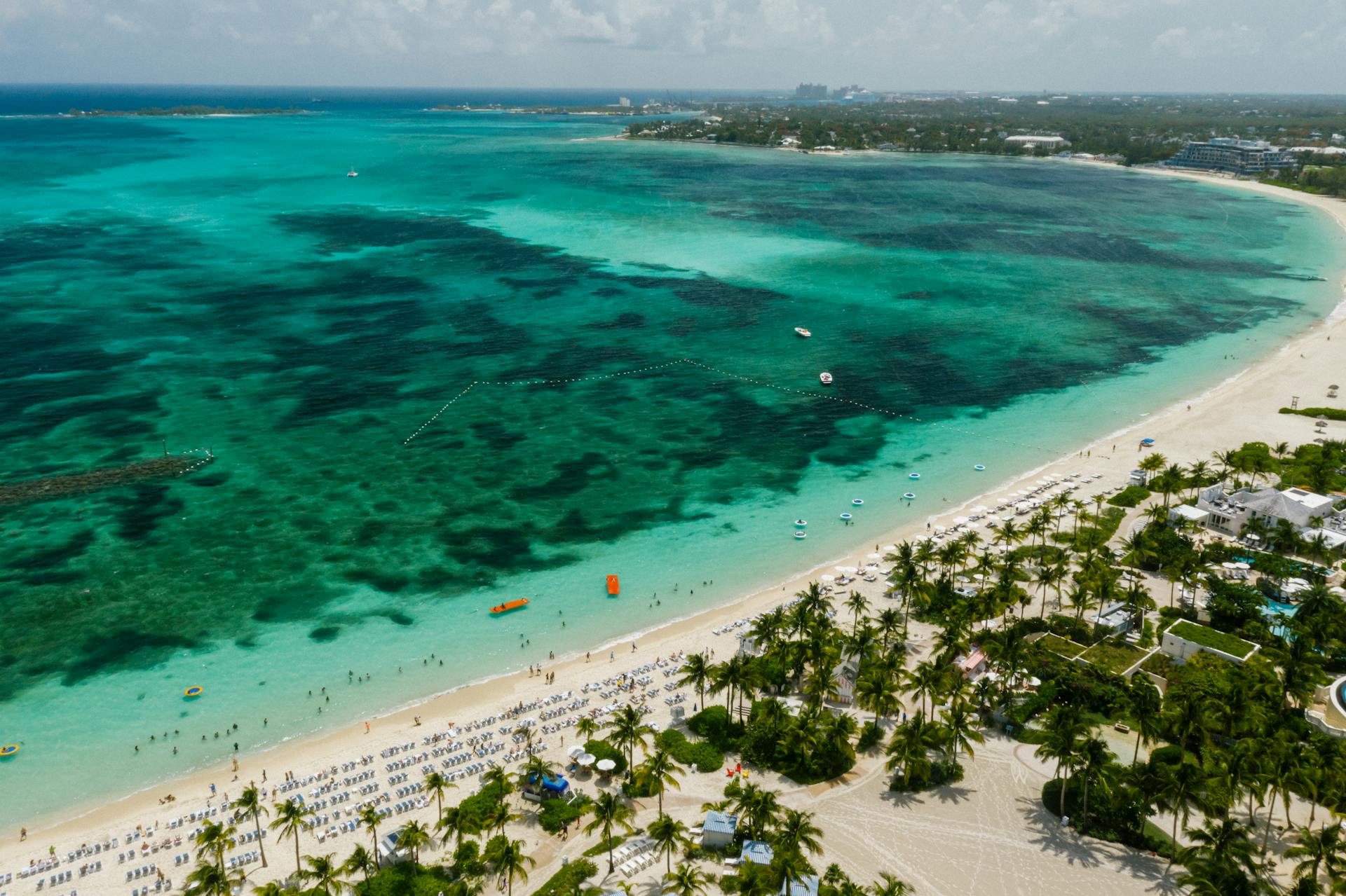 aerial shot of a beach in the bahamas