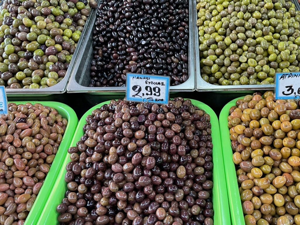 olives displayed at a market in athens