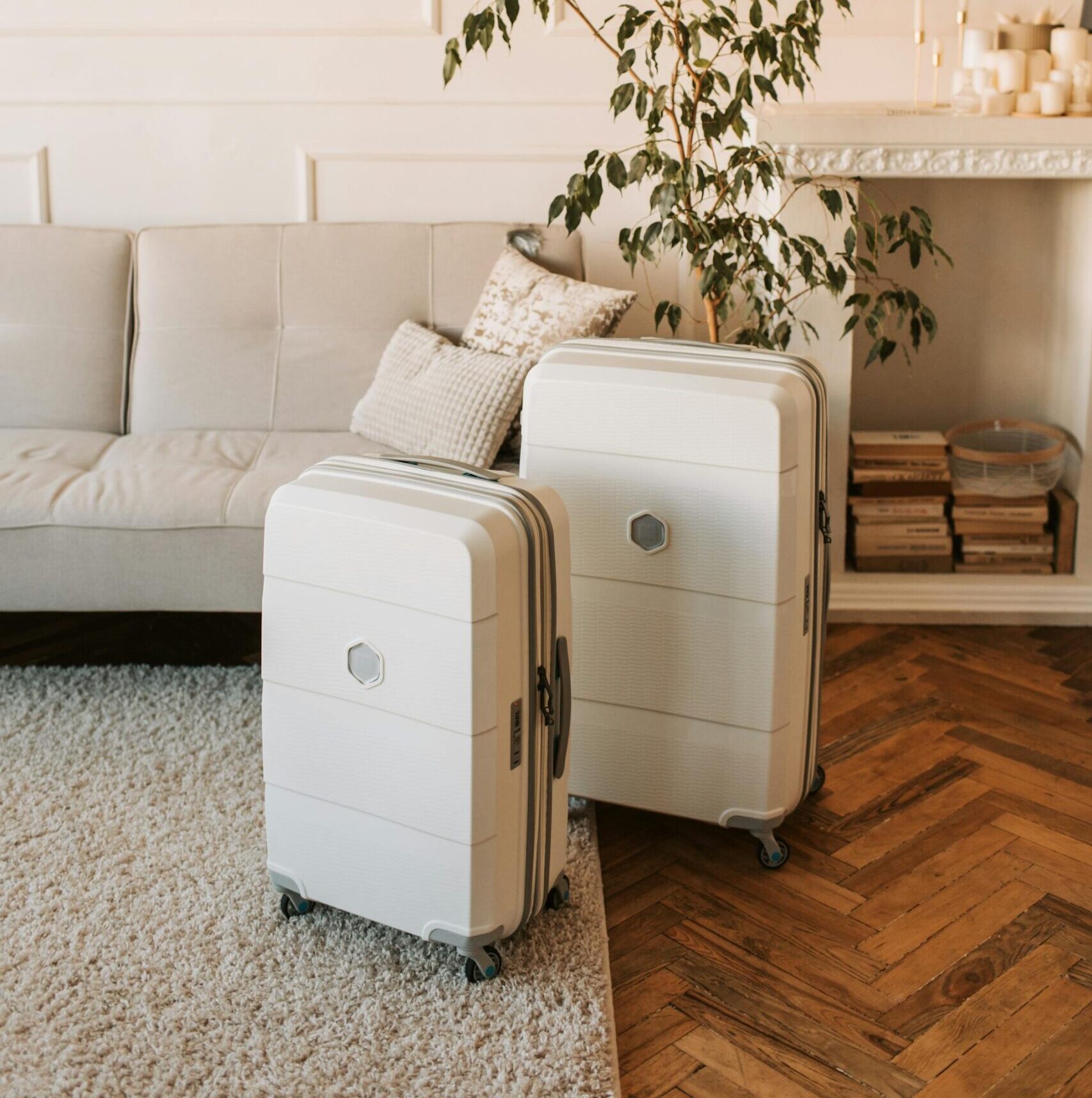 two carry on suitcases standing in the living room