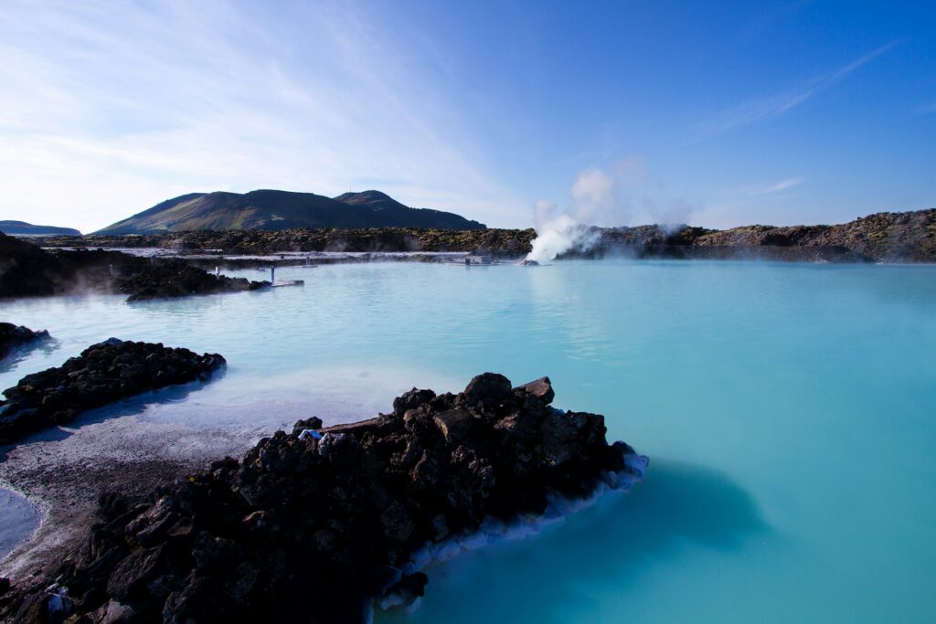 blue lagoon geothermal hot springs in iceland. Sky blue waters steaming