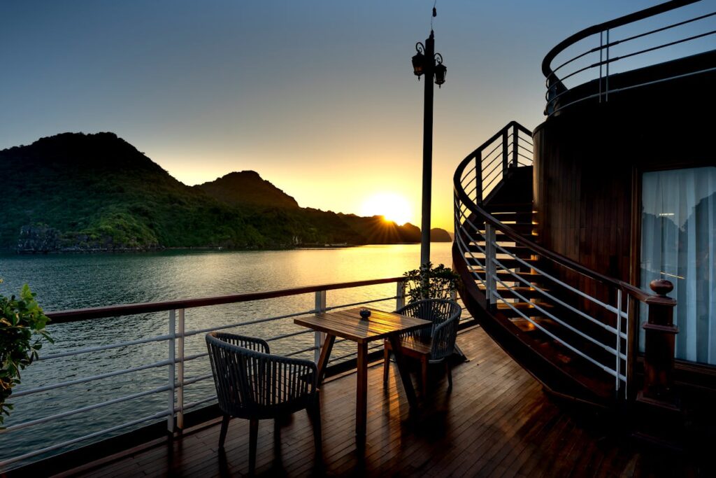 deck of a cruise ship at sunset